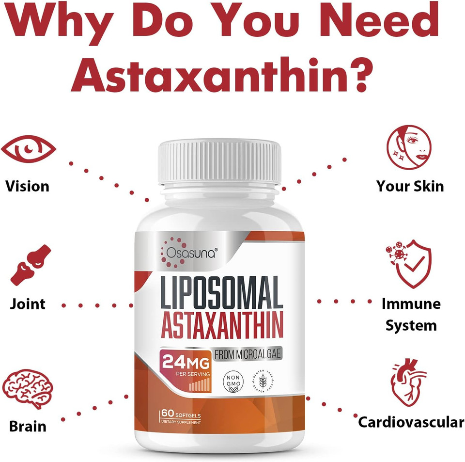 Liposomal Astaxanthin Supplement 24 Mg, Maximum Absorption, Antioxidant Stronger Than Vit C, Non-Gmo & Gluten Free - 60 Softgels(2 Months Supply)