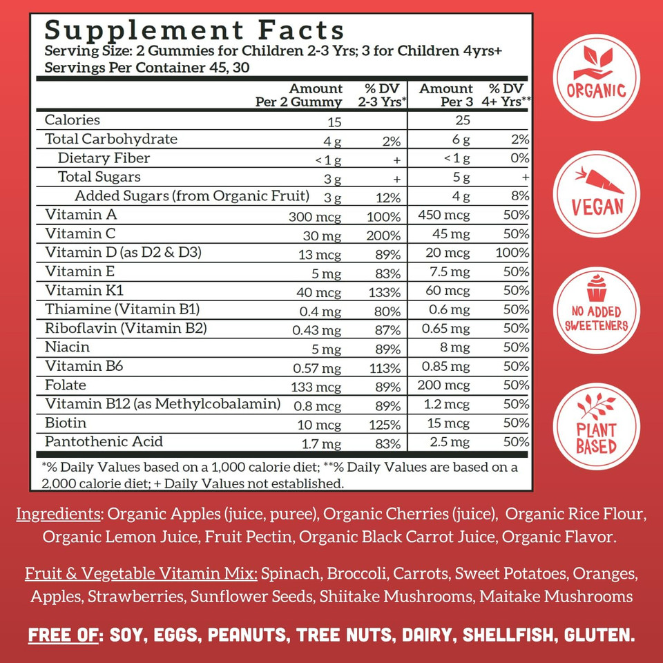 Llama Naturals Real Fruit Gummy Vitamins for Kids, No Added Sugar Cane or Sweeteners, Whole Food Multivitamin, Vegan Toddler Gummies, Plant Based, Organic, Chewable 90 ct (30-60 Days) Cherry