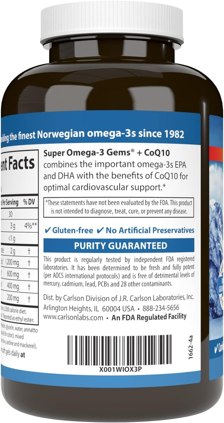 Carlson - Super Omega-3 Gems + Coq10, 1200 Mg Omega-3S 200 Mg Coq10, Circulation Function, Energy Production & Circulatory Support, 120 Softgels