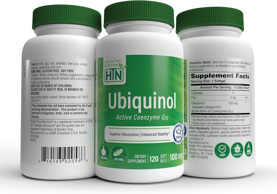 Health Thru Nutrition Ubiquinol 100Mg As Kaneka Qh Reduced Coq-10 | Stabilized - 3Rd Party Tested | Enhanced Bioavailability | Cardiovascular & Mitochondria Function Support | Non-Gmo (Pack Of 120)