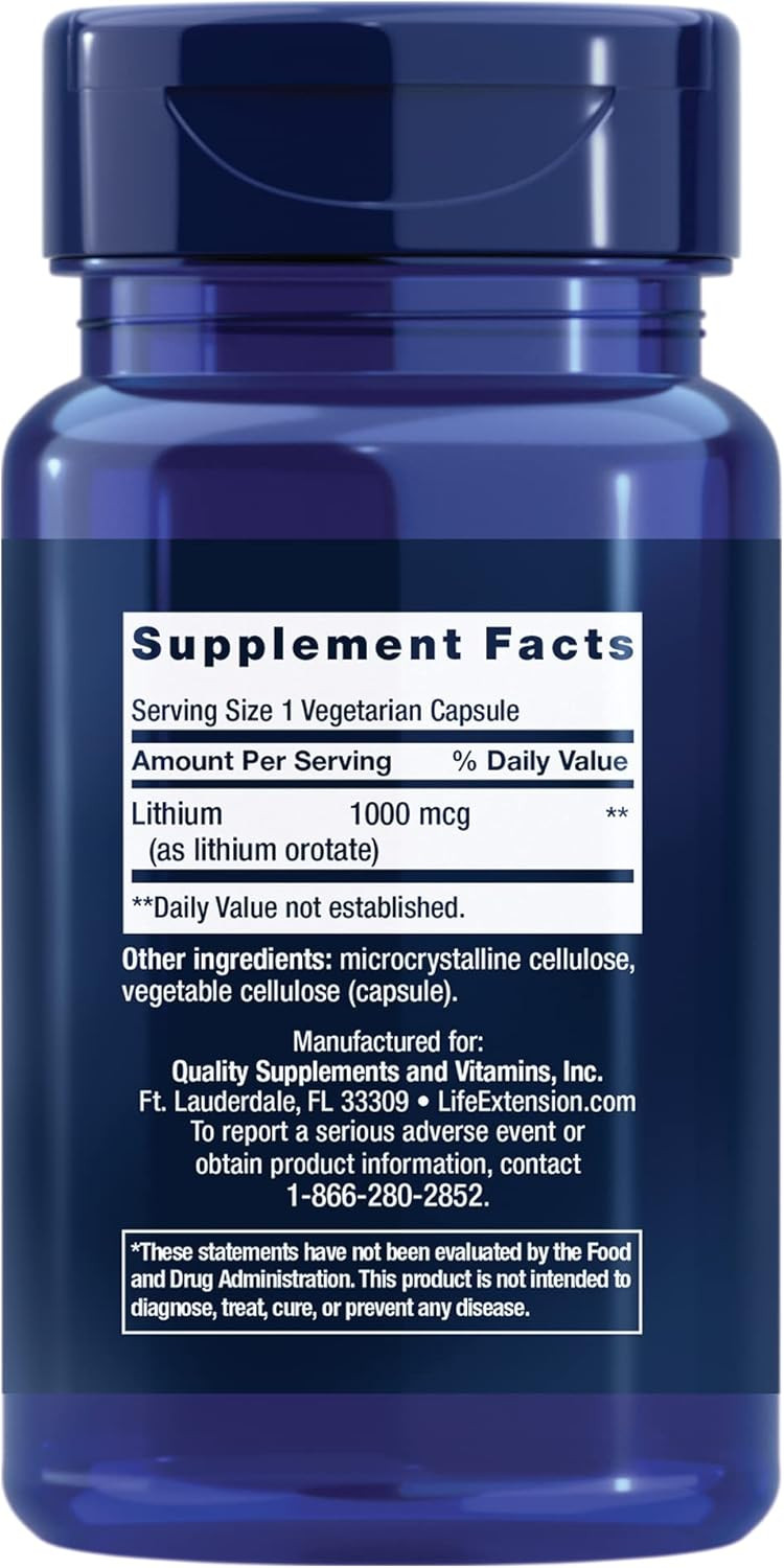 Life Extension Lithium 1000 Mcg - For Brain Health, Anti-Aging & Longevity - Memory & Cognition, Mood Support Supplement -Once Daily - Gluten-Free, Non-Gmo - 100 Count