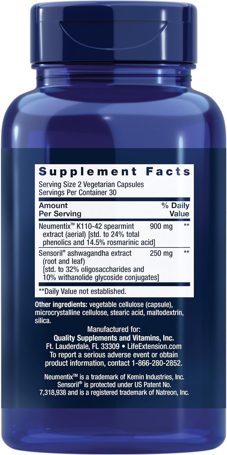 Life Extension Ashwagandha Plus Calm & Focus, Ashwagandha Extract, Spearmint Extract, Focus, Attention, Relaxation, Advanced Formula, 60 Vegetarian Capsules