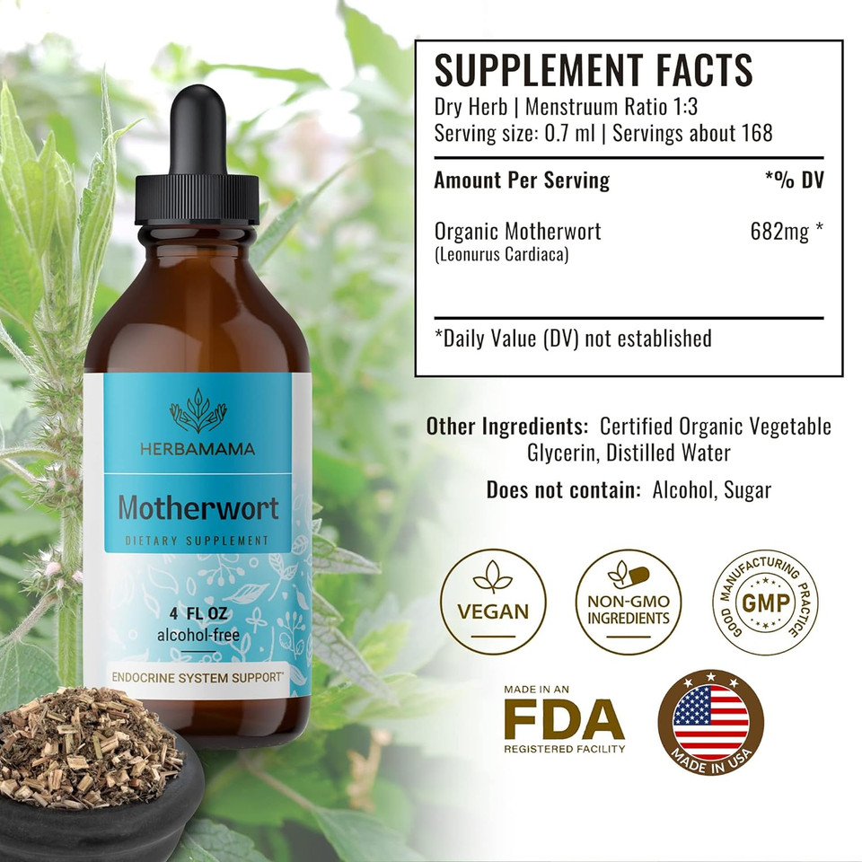 Herbamama Motherwort Tincture - Organic Motherwort Herb Liquid Drops - Vegan Supplement - 4 Fl Oz