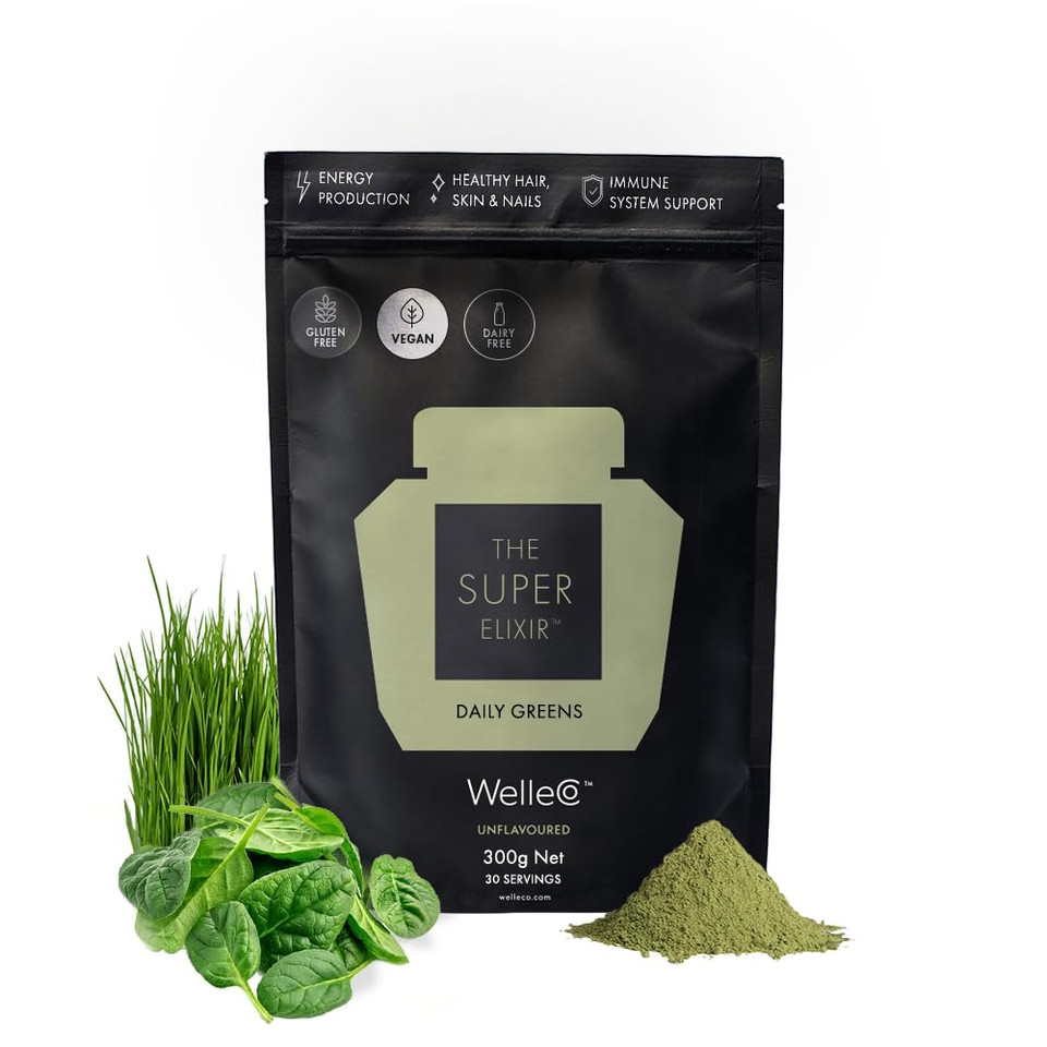 Welleco The Super Elixir Daily Greens Powder, Probiotic Drink Mix With Whole Foods, Gluten Free, Vegan Gut Health Powder, Energy, Immunity, Healthy Skin, Hair & Nails, Unflavored, 300G Pouch