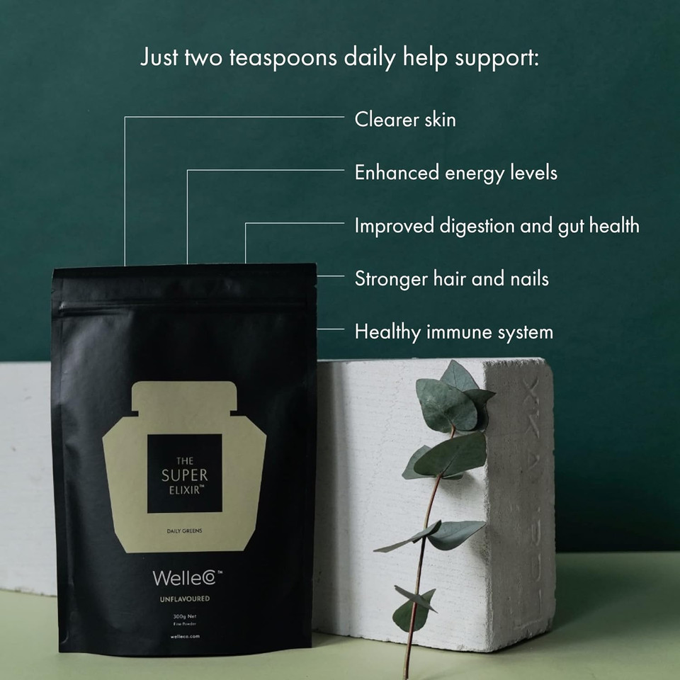 Welleco The Super Elixir Daily Greens Powder, Probiotic Drink Mix With Whole Foods, Gluten Free, Vegan Gut Health Powder, Energy, Immunity, Healthy Skin, Hair & Nails, Unflavored, 300G Pouch