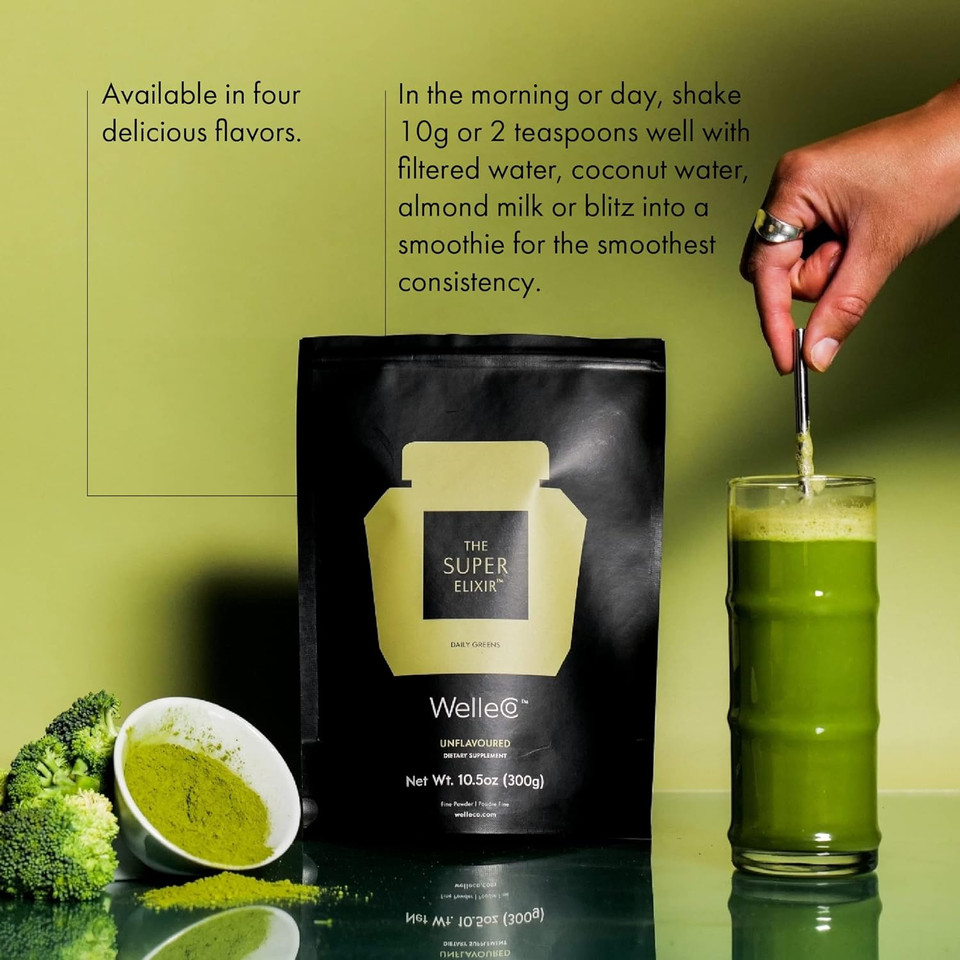 Welleco The Super Elixir Daily Greens Powder, Probiotic Drink Mix With Whole Foods, Gluten Free, Vegan Gut Health Powder, Energy, Immunity, Healthy Skin, Hair & Nails, Unflavored, 300G Pouch