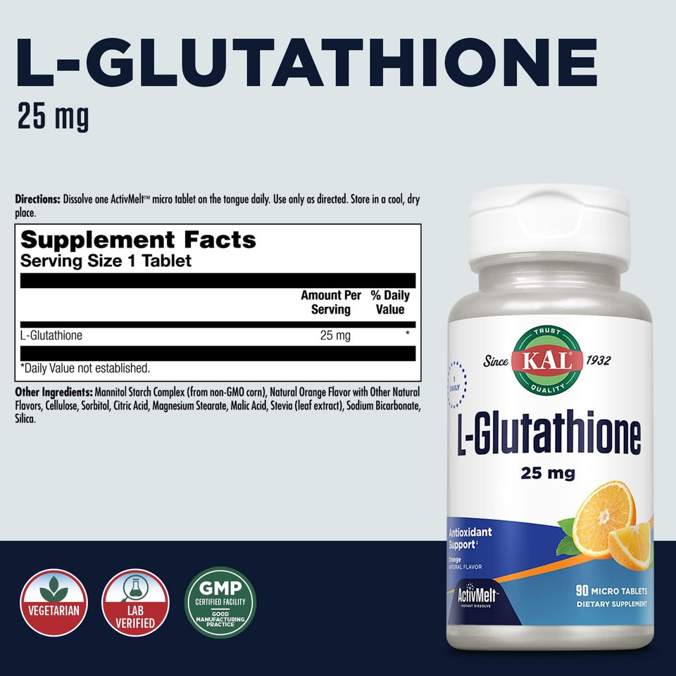 Kal L-Glutathione Sr, Reduced Glutathione Supplement, High Absorption Antioxidant Supplement, Lab Verified, 60-Day Guarantee, 60 Servings, 60 Vegcaps