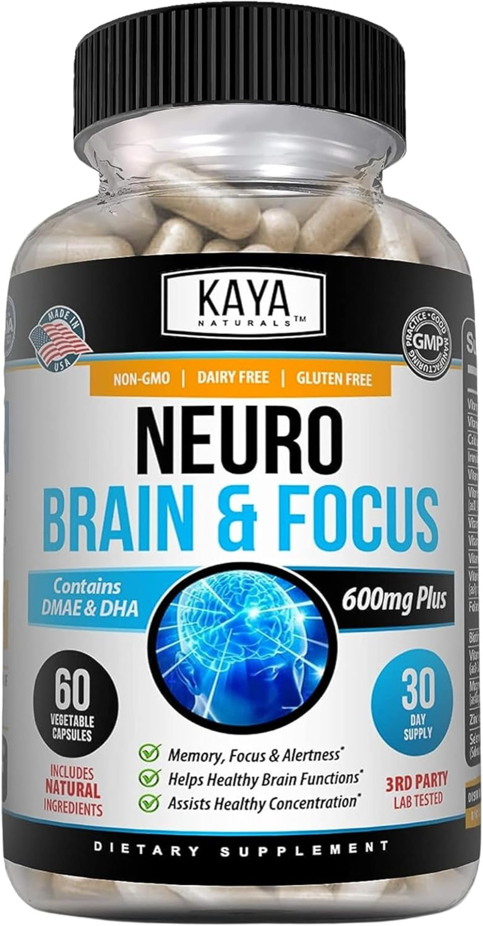 Kaya Naturals - Neuro Brain For Memory & Focus - Nootropic Energy Capsule - Nootropic Brain Support Supplement - Focus & Concentration & Learning Accuracy - Cognitive Function - 60 Count