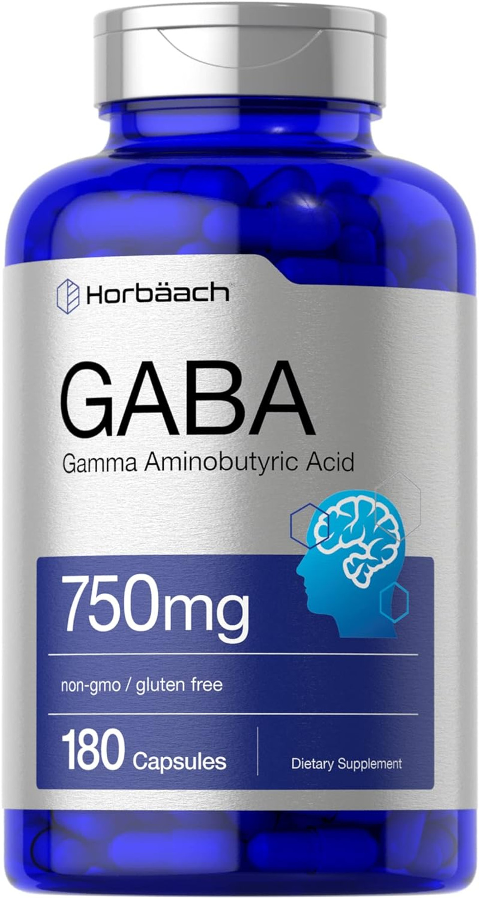 Horbäach GABA 750mg | 180 Capsules | Gamma Aminobutyric Acid Supplement | Non-GMO, Gluten Free