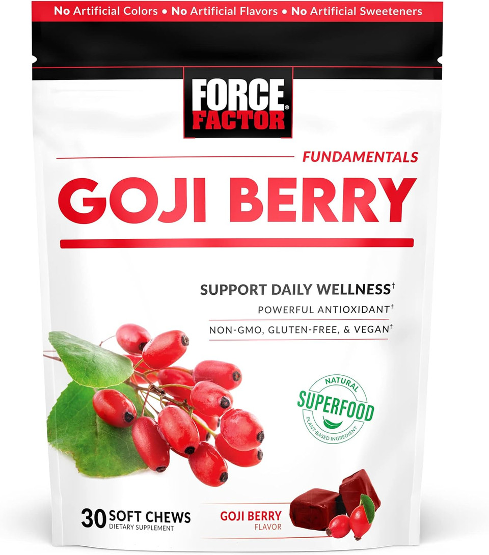 Force Factor Goji Berry Soft Chews Superfood Antioxidants Supplement To Support Healthy Eyes And Skin, Immune Health, And Inflammation, Non-Gmo, Gluten-Free, & Vegan, Goji Berry Flavor, 30 Soft Chews