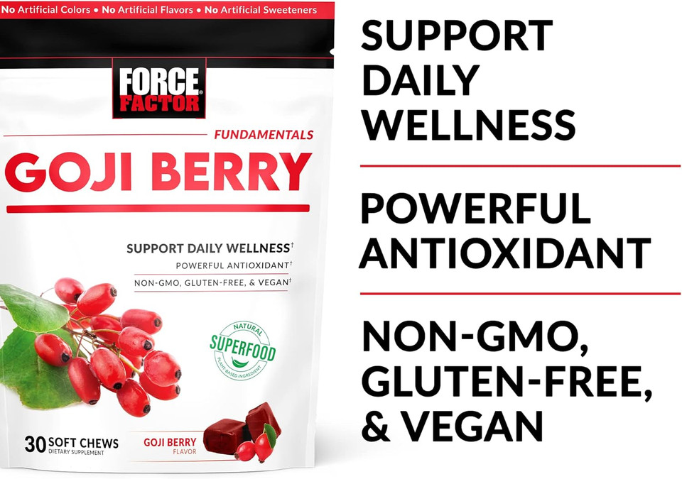 Force Factor Goji Berry Soft Chews Superfood Antioxidants Supplement To Support Healthy Eyes And Skin, Immune Health, And Inflammation, Non-Gmo, Gluten-Free, & Vegan, Goji Berry Flavor, 30 Soft Chews