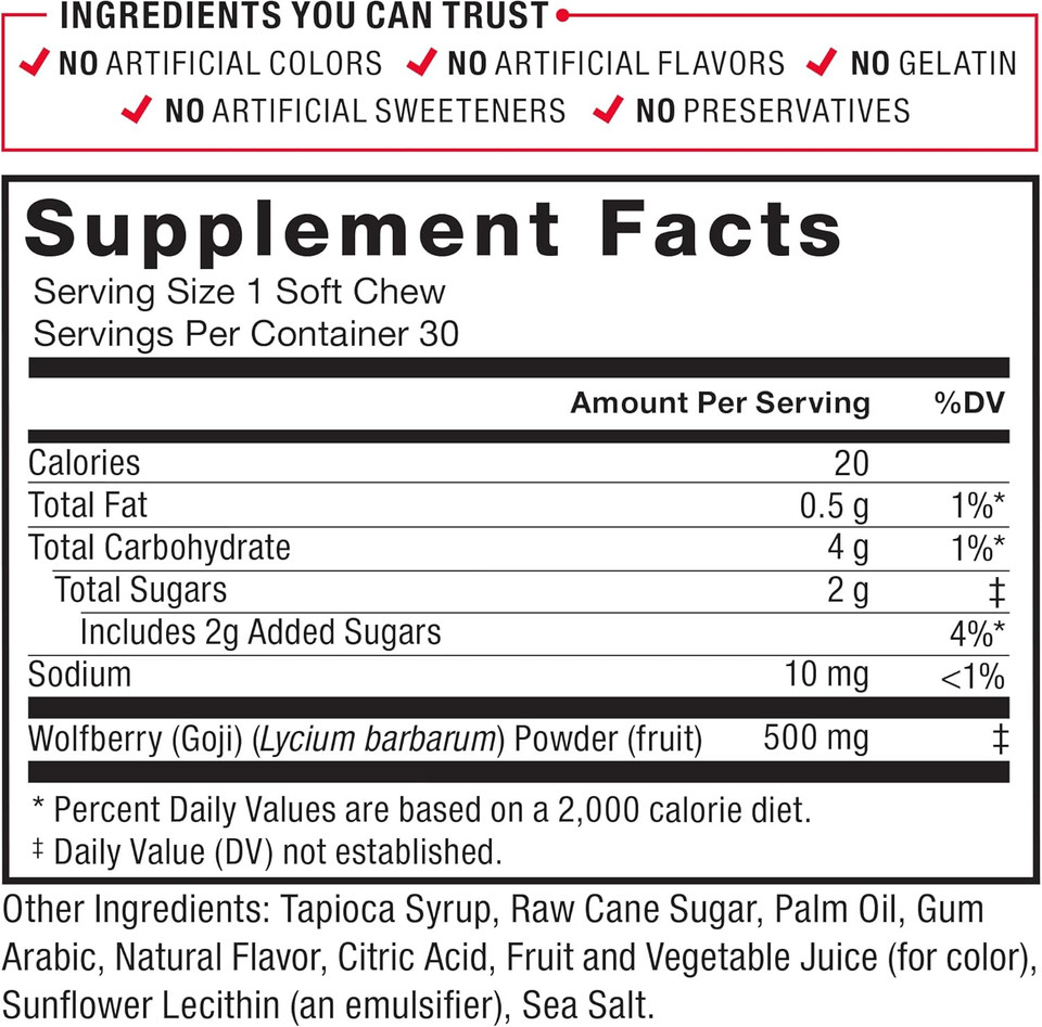 Force Factor Goji Berry Soft Chews Superfood Antioxidants Supplement To Support Healthy Eyes And Skin, Immune Health, And Inflammation, Non-Gmo, Gluten-Free, & Vegan, Goji Berry Flavor, 30 Soft Chews