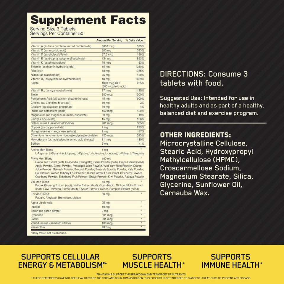 Optimum Nutrition Opti-Men, Vitamin C, Zinc And Vitamin D, E, B12 For Immune Support Mens Daily Multivitamin Supplement, 150 Count (Packaging May Vary)