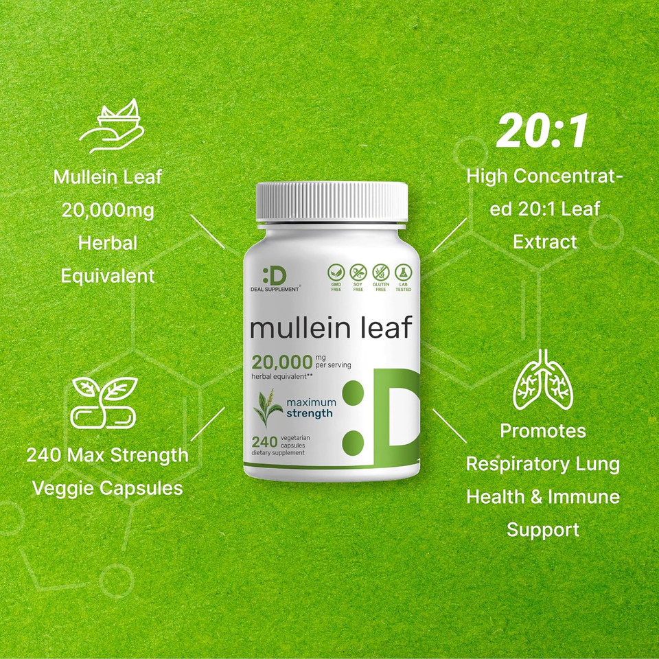 Deal Supplement Mullein Leaf Extract 20,000Mg, 240 Veggie Capsules  4 Month Supply  Natural Lung Detox Herbal Supplement  Supports Respiratory & Immune Health  Non-Gmo, Vegan