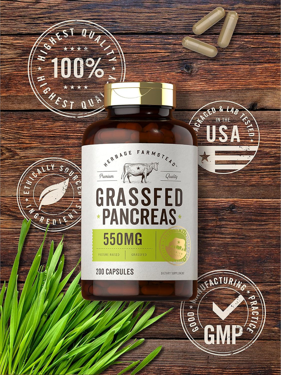 Carlyle Grass Fed Beef Pancreas | 550Mg | 200 Capsules | Desiccated Pasture Raised Bovine Supplement | Non-Gmo, Gluten Free | By Herbage Farmstead