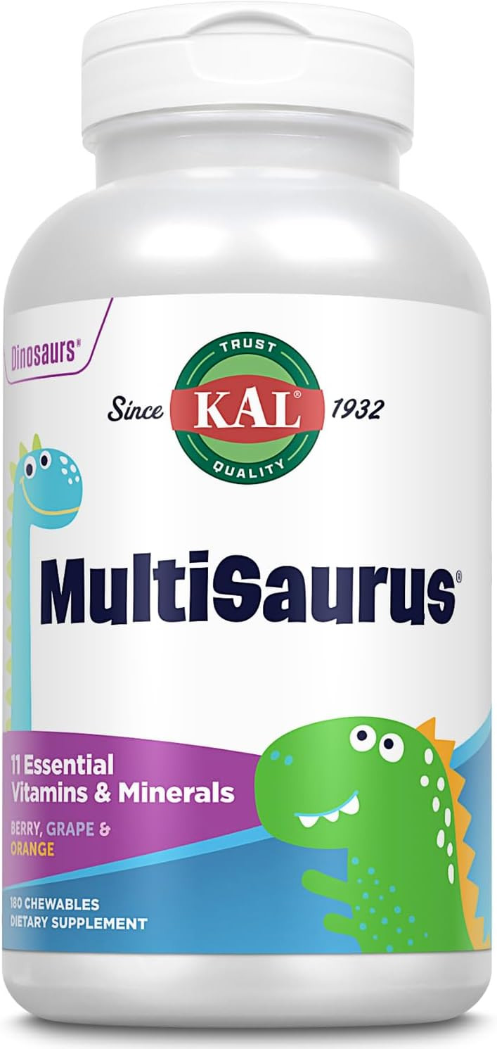 Kal Multisaurus Kids Chewable Multivitamins, 11 Essential Vitamins And Minerals For Kids, Berry, Grape, Orange Chewables, Gluten And Fructose Free, 90 Servings, 90 Dinosaur-Shaped Chewables