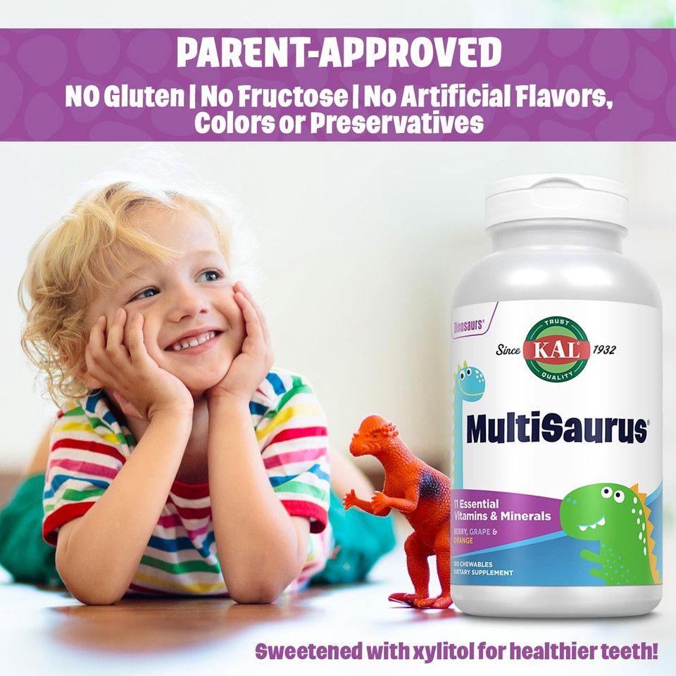 Kal Multisaurus Kids Chewable Multivitamins, 11 Essential Vitamins And Minerals For Kids, Berry, Grape, Orange Chewables, Gluten And Fructose Free, 90 Servings, 90 Dinosaur-Shaped Chewables