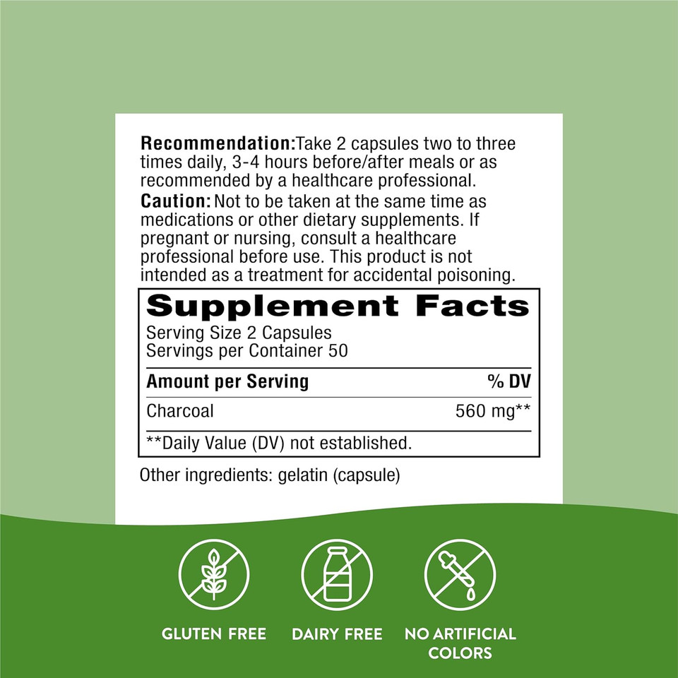 Nature'S Way Activated Charcoal - Digestive Supplement - Active Charcoal Supplement - Binds Unwanted Materials & Gas In Digestive Tract* - Gluten Free - 100 Capsules