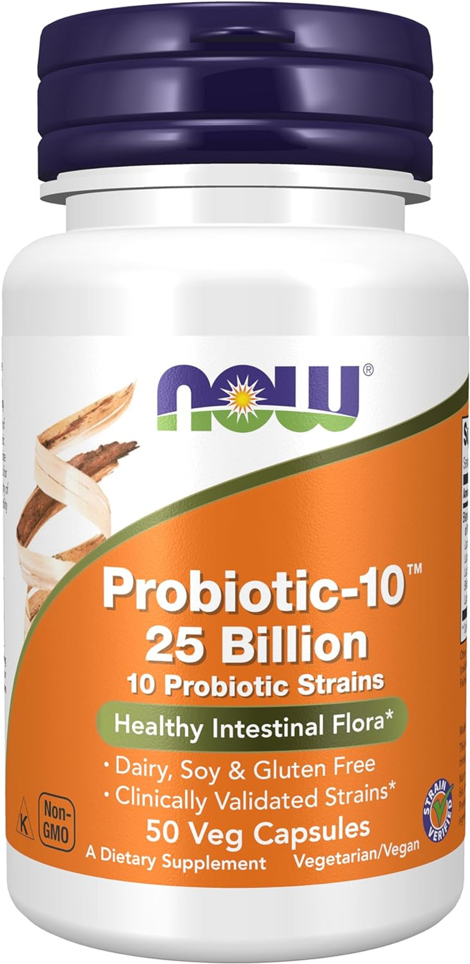 Now Supplements, Probiotic-10, 25 Billion, With 10 Probiotic Strains, Dairy, Soy And Gluten Free, Strain Verified, 50 Veg Capsules