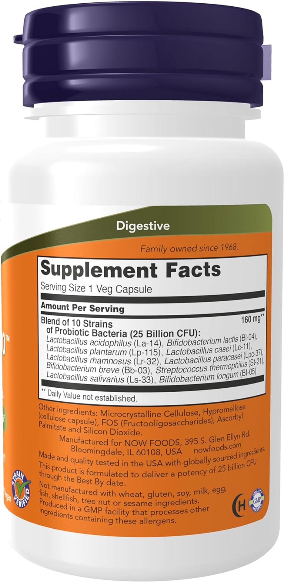 Now Supplements, Probiotic-10, 25 Billion, With 10 Probiotic Strains, Dairy, Soy And Gluten Free, Strain Verified, 50 Veg Capsules