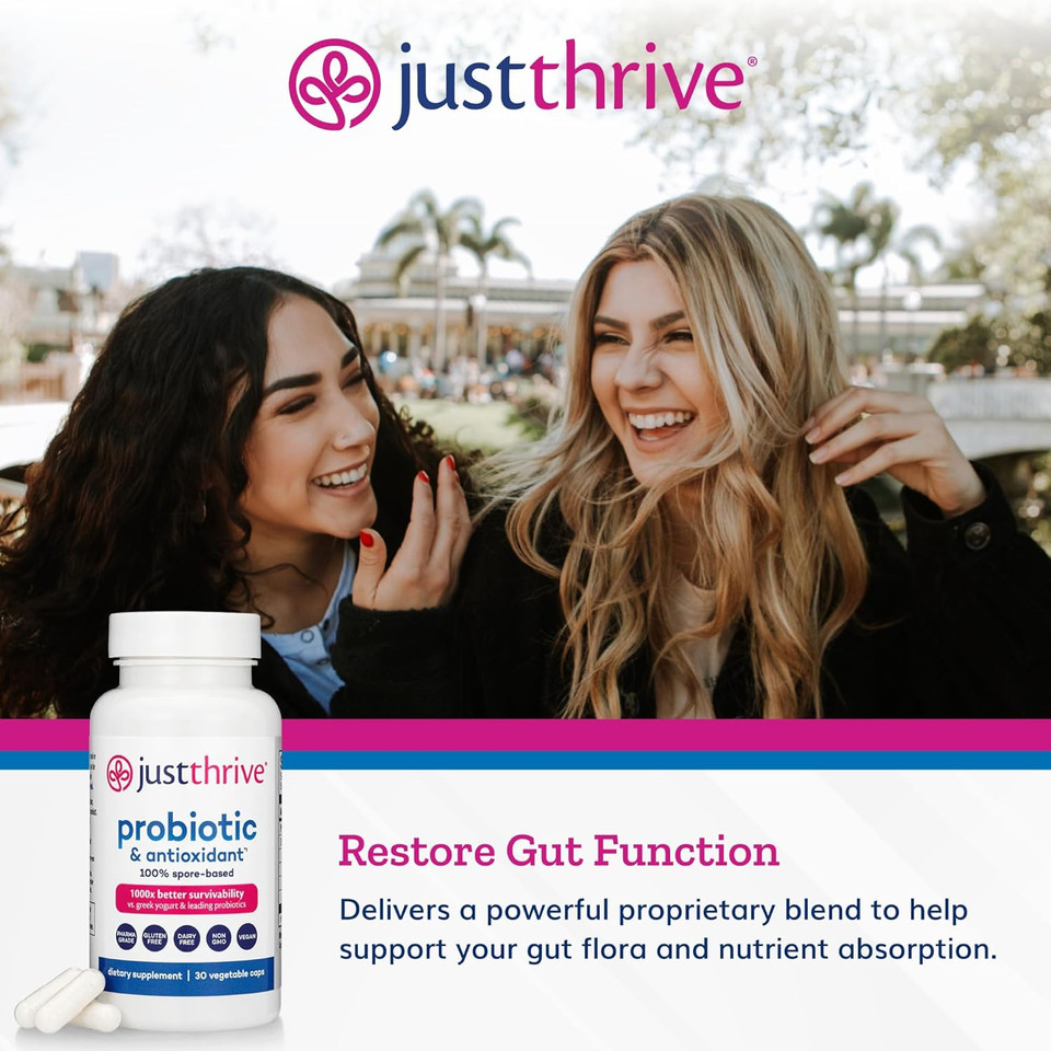 Just Thrive Probiotic & Antioxidant Supplement - 100% Spore-Based Digestive And Immune Support - Gluten Free, 30 Caps