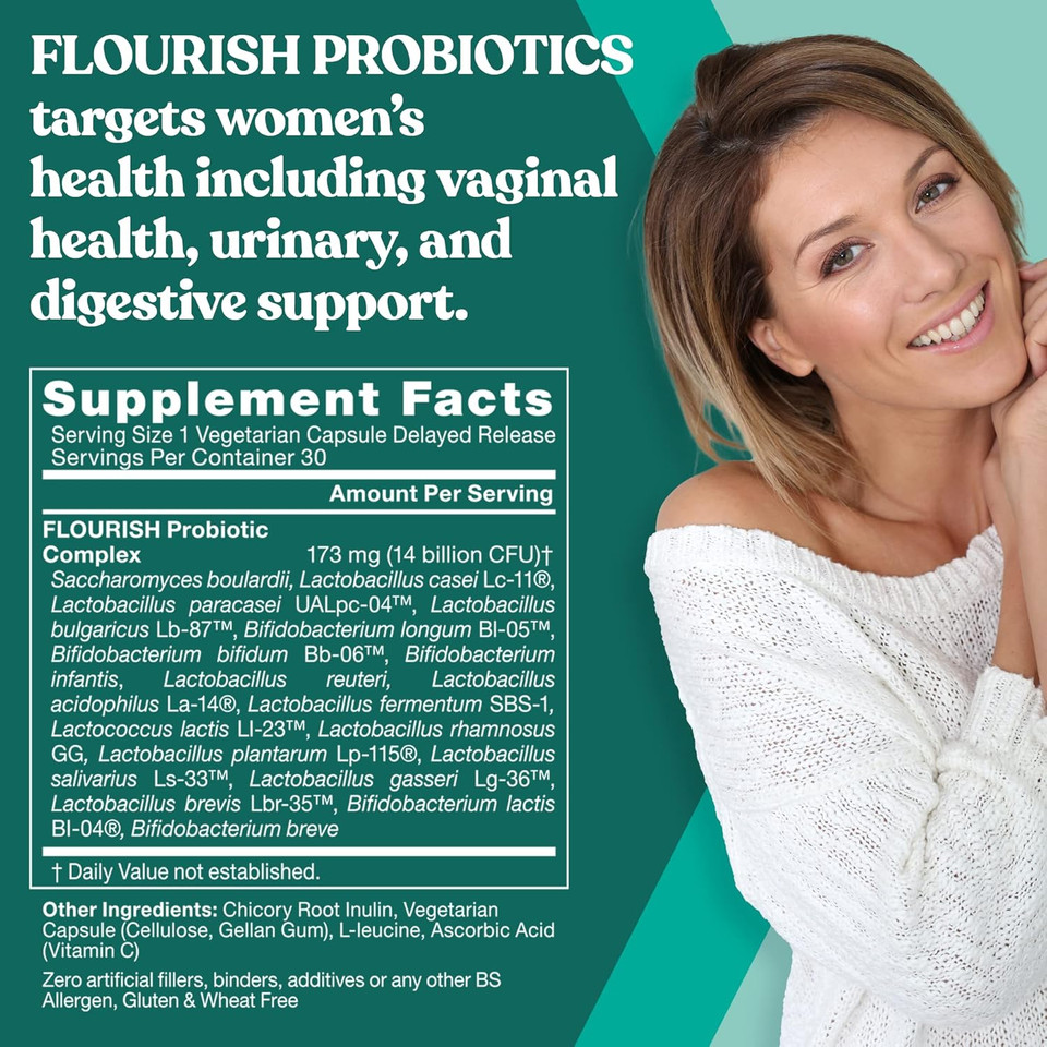 Flourish Probiotics + Prebiotics For Women  Gut And Digestion, Urinary Tract, Reduce Bloating, Vaginal Health  18 Clinically Proven Strains, 14 Billion Cfu  30 Shelf-Stable Mini Vegan Capsules