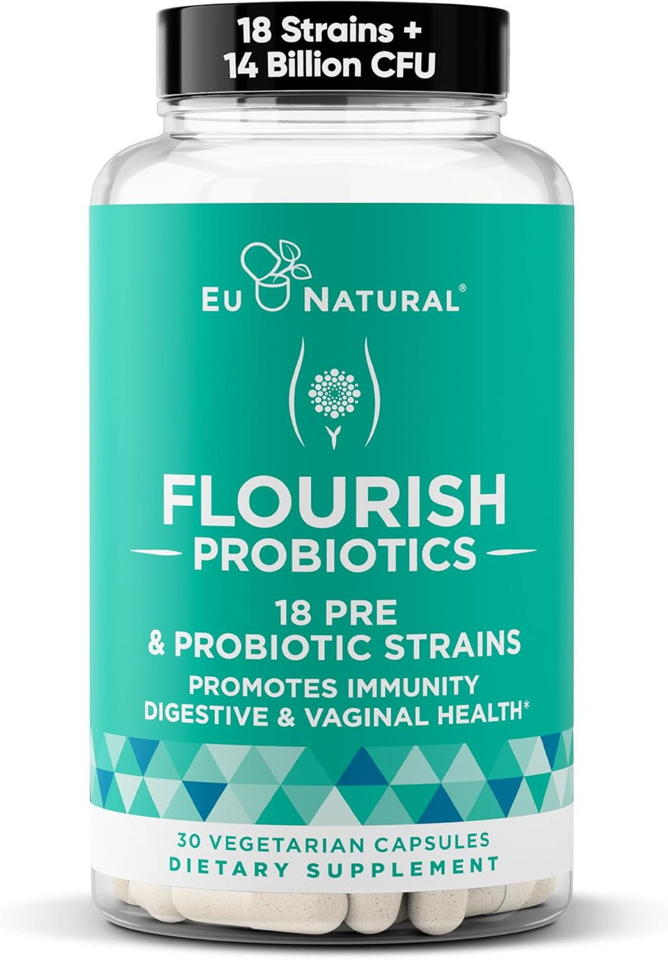 Flourish Probiotics + Prebiotics For Women  Gut And Digestion, Urinary Tract, Reduce Bloating, Vaginal Health  18 Clinically Proven Strains, 14 Billion Cfu  30 Shelf-Stable Mini Vegan Capsules