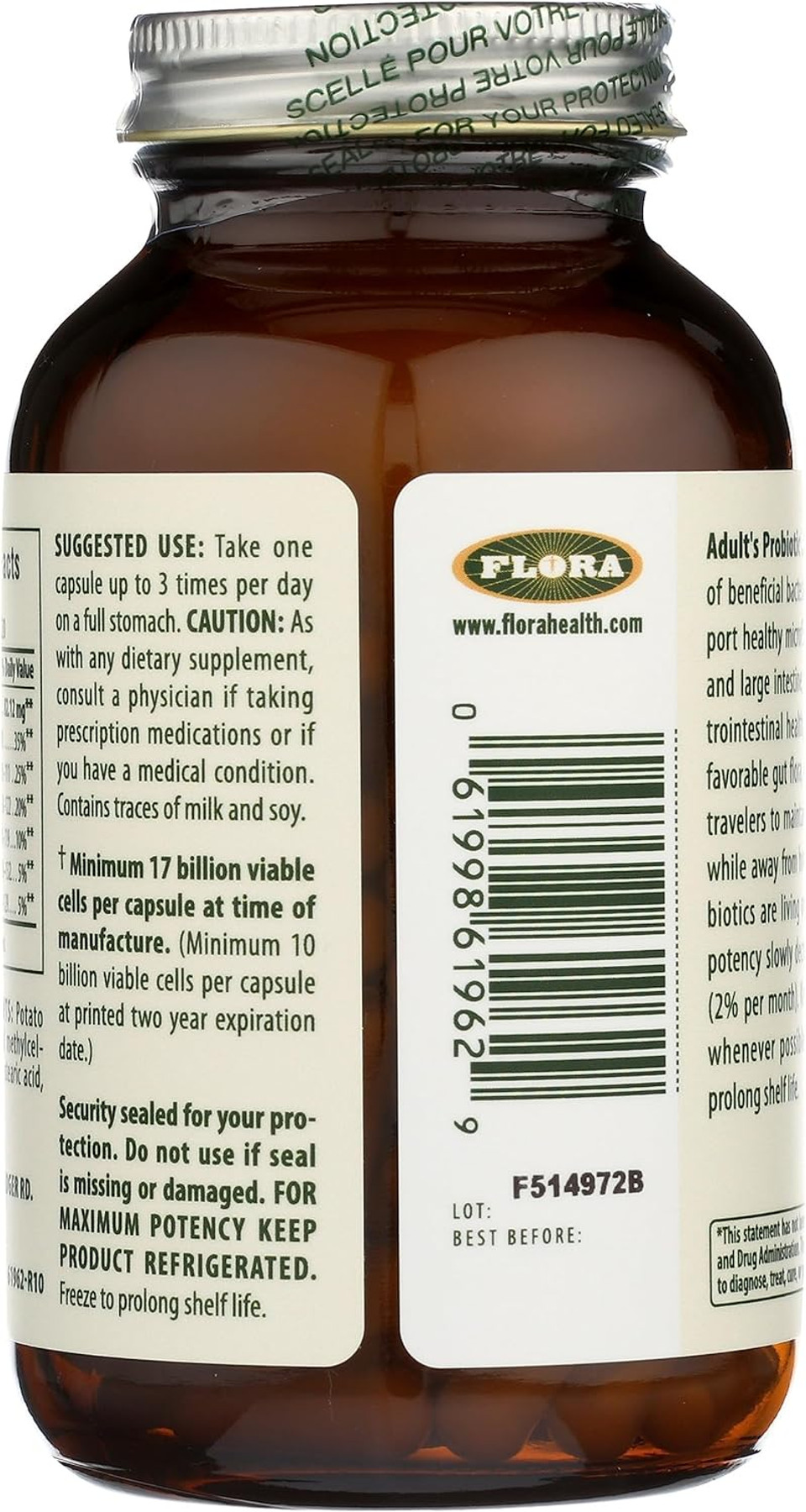 Flora - Adult'S Probiotic Blend, Six Adult-Specific Strains, Gluten Free, Raw Probiotic With 17 Billion Cells, 120 Vegetarian Capsules