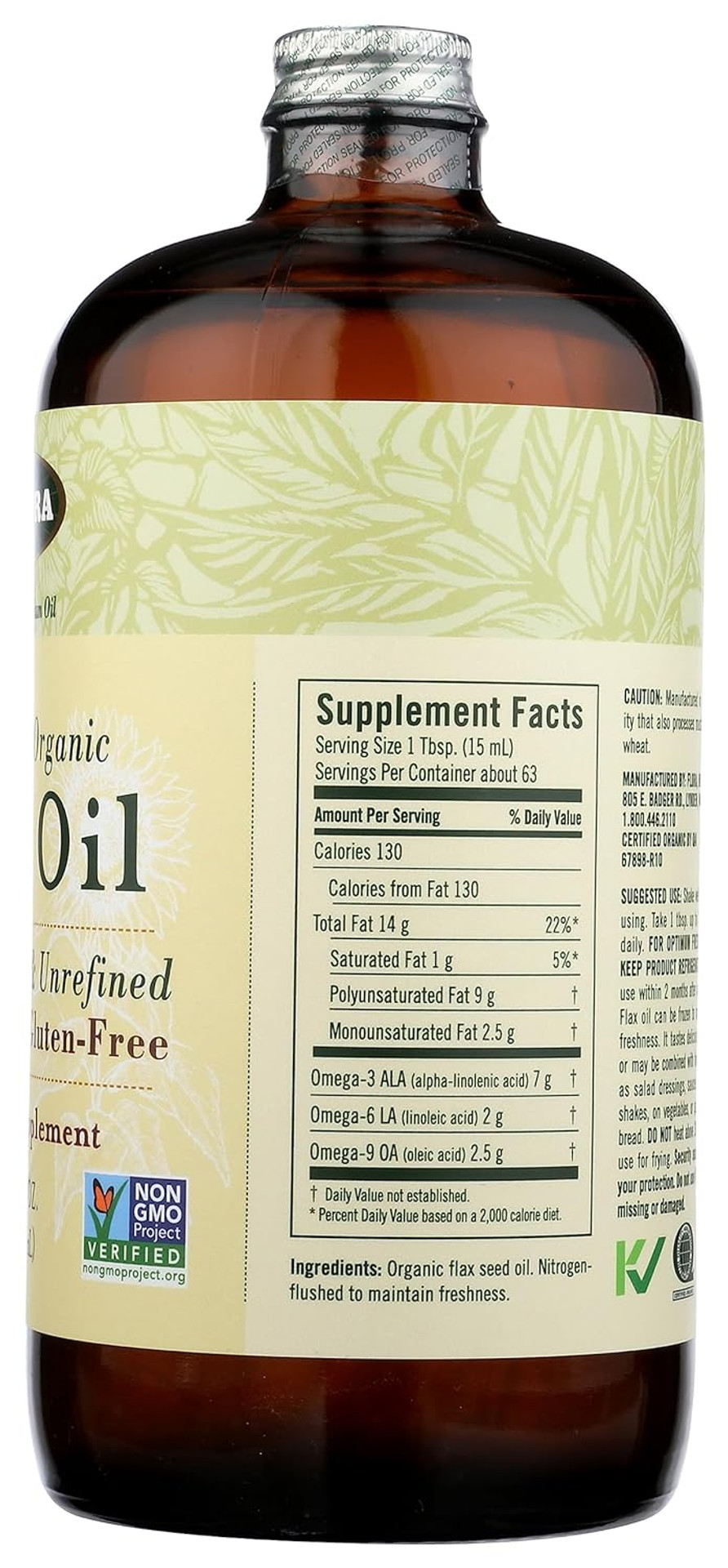 Flora Certified Organic Flax Seed Oil - Cold Pressed & Unrefined - Non-GMO, Gluten-Free, Kosher Omega Flax Oil Blend - Essential Fatty Acids for Wellness - Amber Glass Bottle - 32 oz