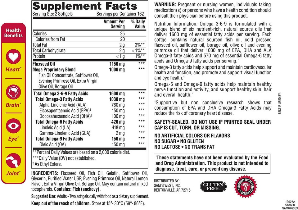 Member'S Mark Omega 3, 6, 9 Dietary Supplement 1600 Mg, Soft Gels, 325Count