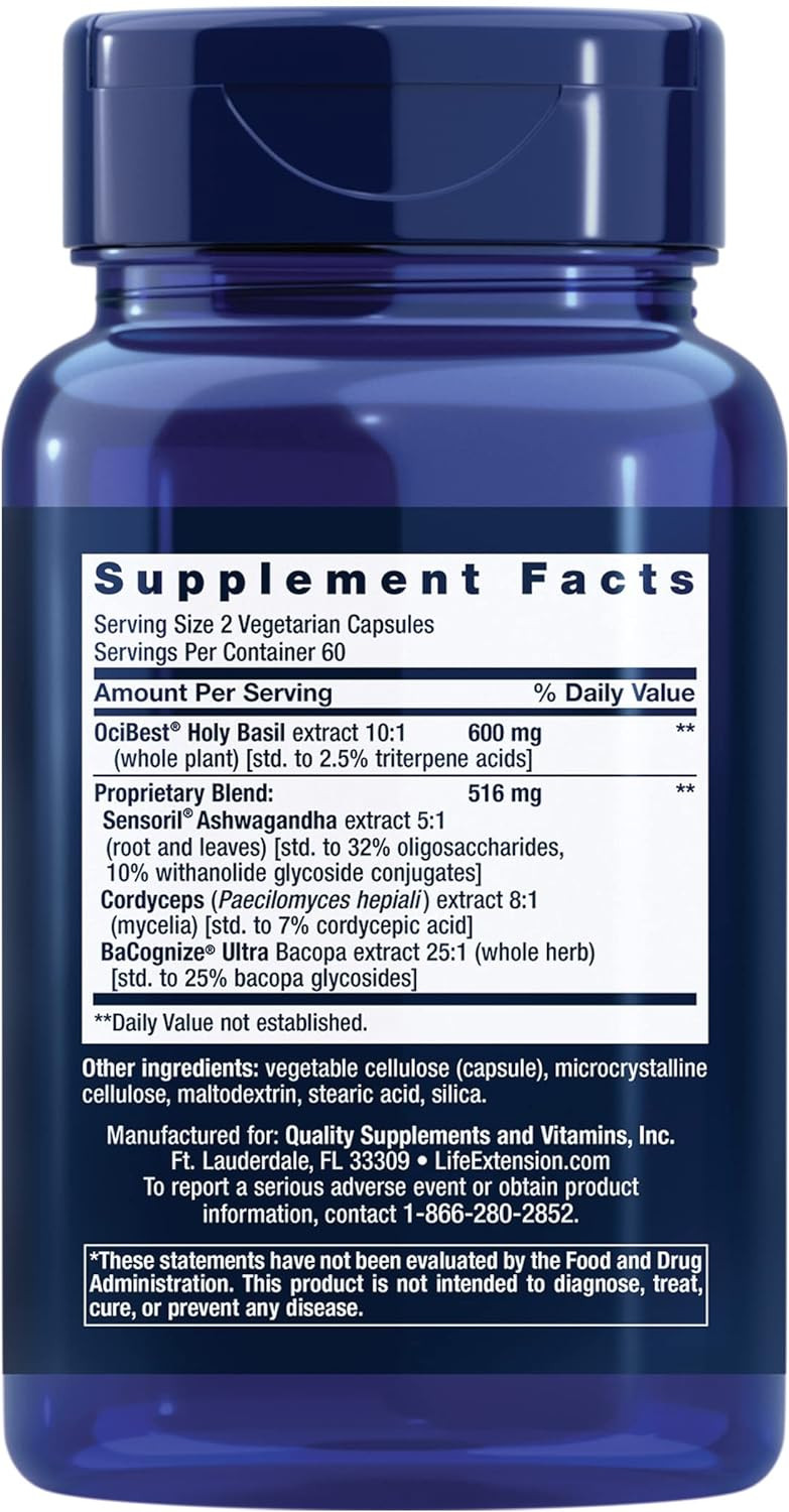 Life Extension Adrenal Energy Formula Supports Energy, Focus & Broad Spectrum Healthy Stress Response With Holy Basil, Cordyceps, Bacopa & Ashwagandha- Non-Gmo, Gluten Free - 120 Vegetarian Capsules