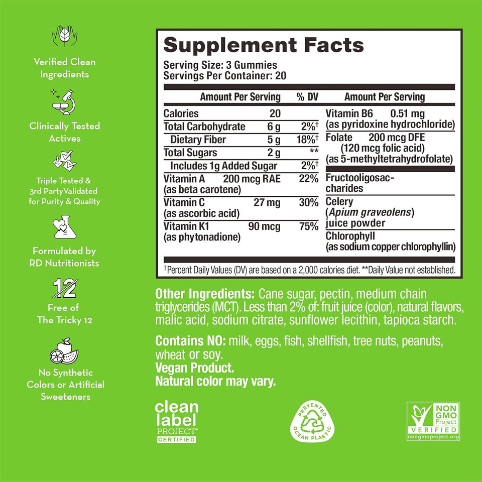 Hum Celery Juice Fiber Gummies The First Prebiotic Celery Juice Gummy, Supports Detoxification And A Daily Green Boost With Celery Juice, Chlorophyll, And Prebiotic Fiber(60 Count)