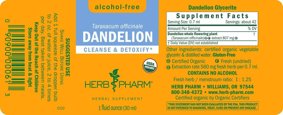 Herb Pharm Certified Organic Dandelion Liquid Extract For Cleansing And Detoxification, Alcohol-Free Glycerite, 1 Ounce