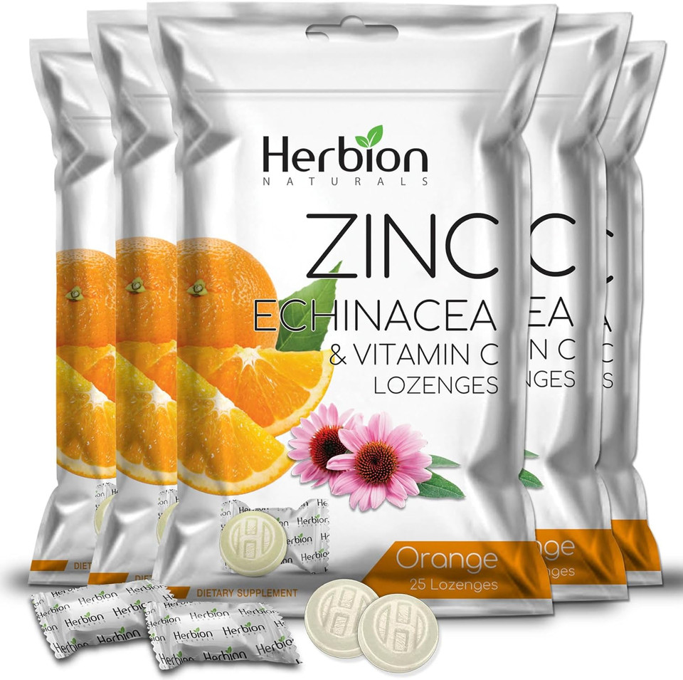 Herbion Naturals Zinc, Echinacea & Vitamin C Lozenges With Orange Flavor, 25 Ct - Dietary Supplement For Adults & Children 5+ - Promotes Wellness For The Whole Family - (Pack Of 5) (125 Lozenges)