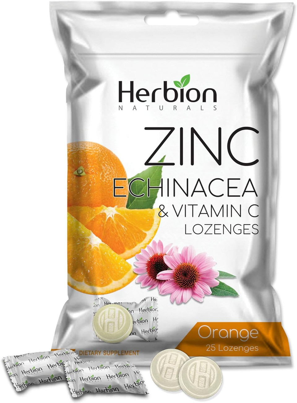 Herbion Naturals Zinc, Echinacea & Vitamin C Lozenges With Orange Flavor, 25 Ct - Dietary Supplement For Adults & Children 5+ - Promotes Wellness For The Whole Family - (Pack Of 5) (125 Lozenges)