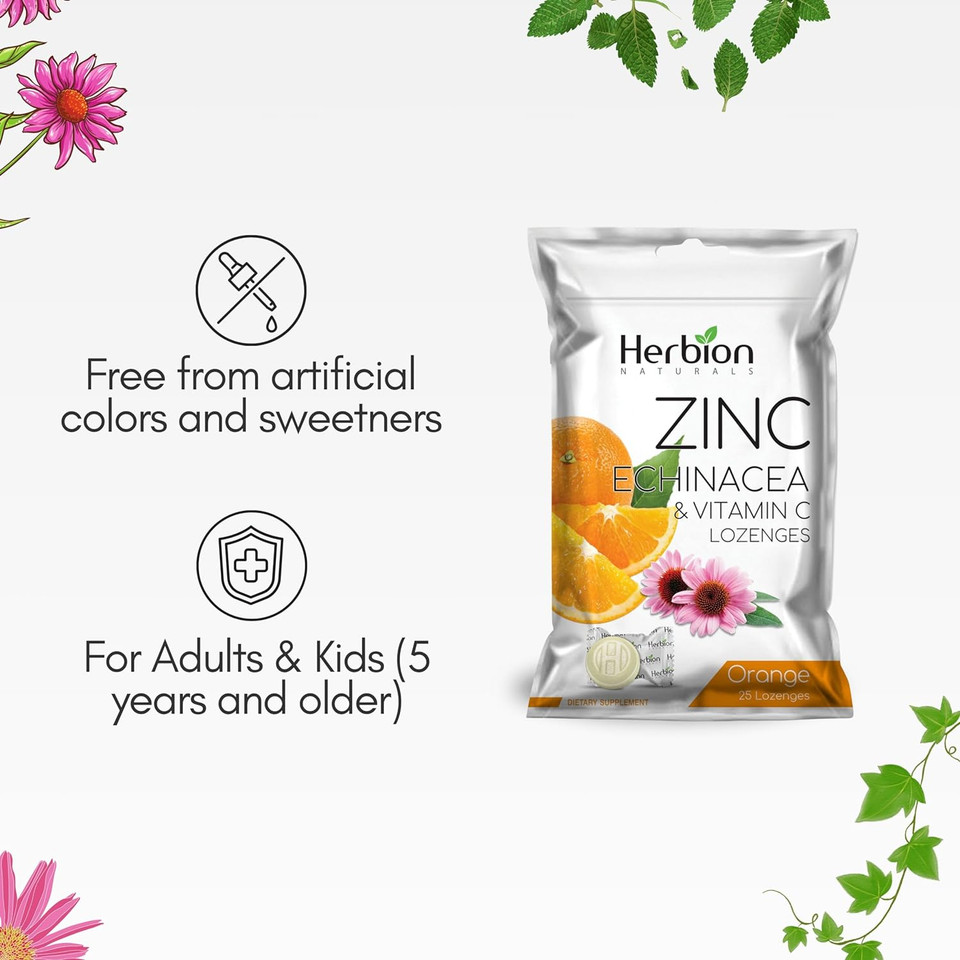 Herbion Naturals Zinc, Echinacea & Vitamin C Lozenges With Orange Flavor, 25 Ct - Dietary Supplement For Adults & Children 5+ - Promotes Wellness For The Whole Family - (Pack Of 5) (125 Lozenges)
