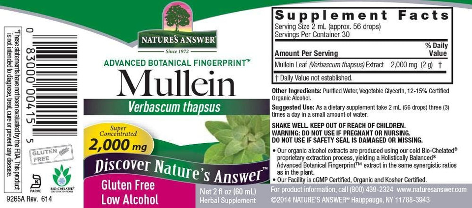 Nature'S Answer Mullein Leaf With Organic Alcohol 2000Mg 2Oz Extract | Supports Respiratory Function | Vegan, Non-Gmo, Gluten-Free, Kosher | Single Count