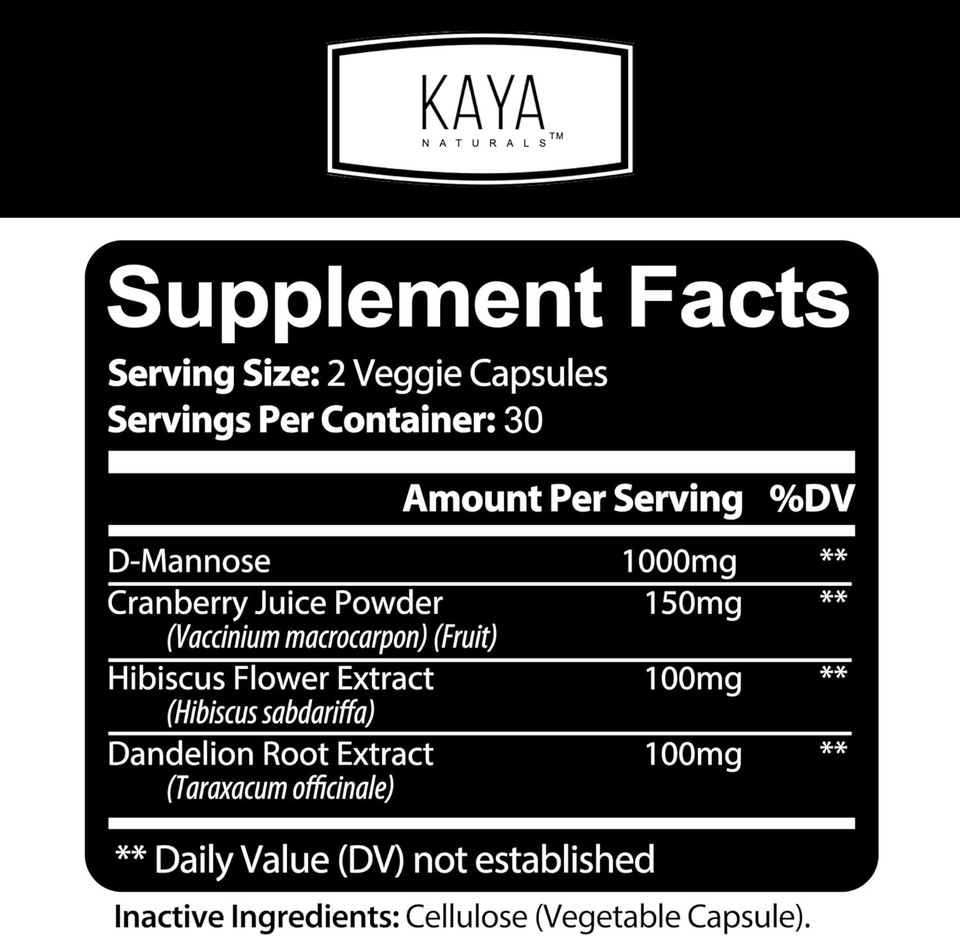 Kaya Naturals - D-Mannose - Urinary Tract Ut Cleanse & Bladder Health - Made With Cranberry, Hibiscus & Dandelion Root - D Mannose Capsules Cranberry Supplement - 60 Veggie Capsules