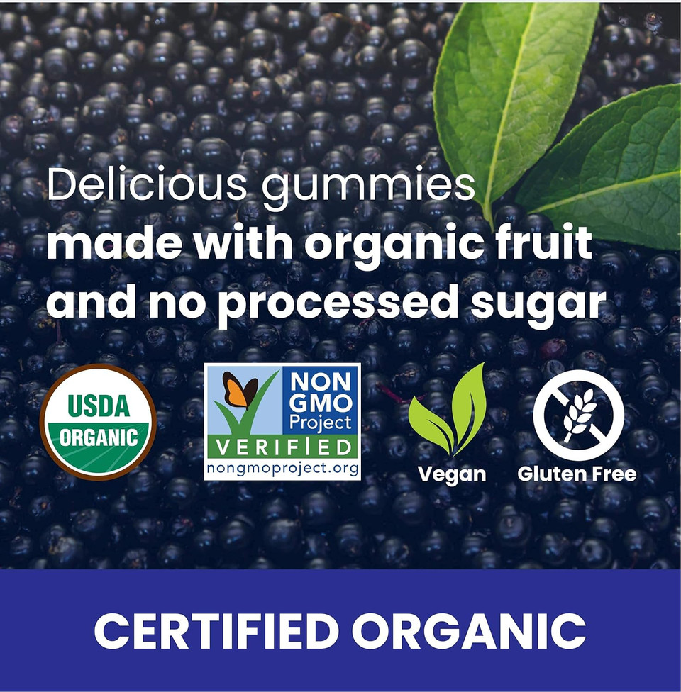 Fruily Organic Elderberry Gummies With Zinc And Vitamin C - Immune Support Supplement Certified Usda Organic Chewable Sambucus Elderberry Gummies, All Natural, Non-Gmo, Gluten-Free, Kosher, Vegan