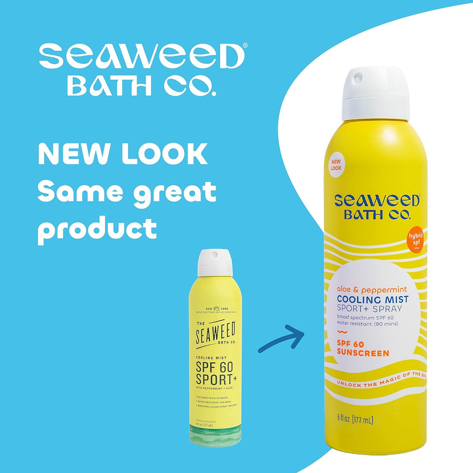 Seaweed Bath Co. Cooling Mist Spf 60 Sport Broad Spectrum Hybrid Sunscreen Spray, 6 Ounce, Sustainably Harvested Seaweed, Aloe, Peppermint