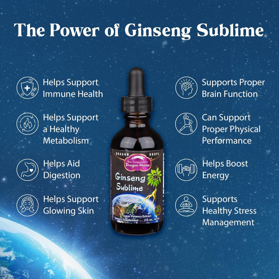 Dragon Herbs Ginseng Sublime Drops | All Natural Extract Supplement To Support Energy, Stress, Focus, Skin, Endurance, Lungs, Immune Health | American, Red, And White Ginseng | 2 Fl. Oz
