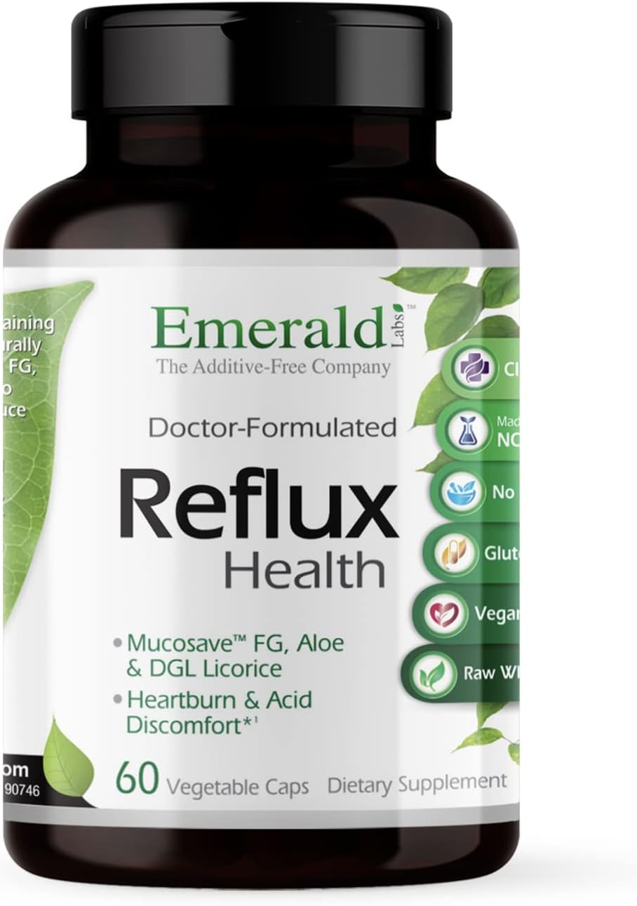 Emerald Labs Reflux Health - Indigestion & Heartburn Relief With Mucosave Fg, Dgl, Aloe Vera, Probiotics, Digestive Enzymes & More* - 60 Vegetable Capsules (30-Day Supply)