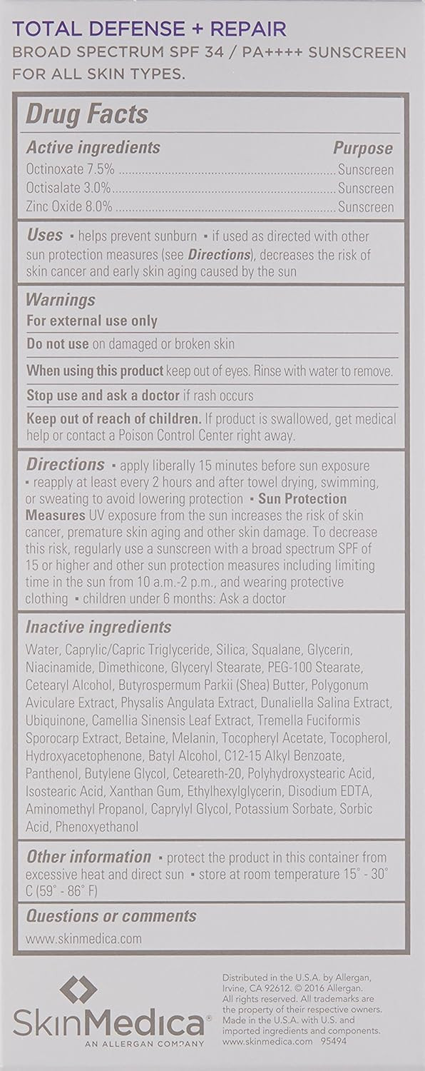 Skinmedica Total Defense + Repair Spf 34 Sunscreen For Face. This Lightweight, Facial Sunscreen Is Ideal For Oily And/Or Combination Skin, 2.3 Oz