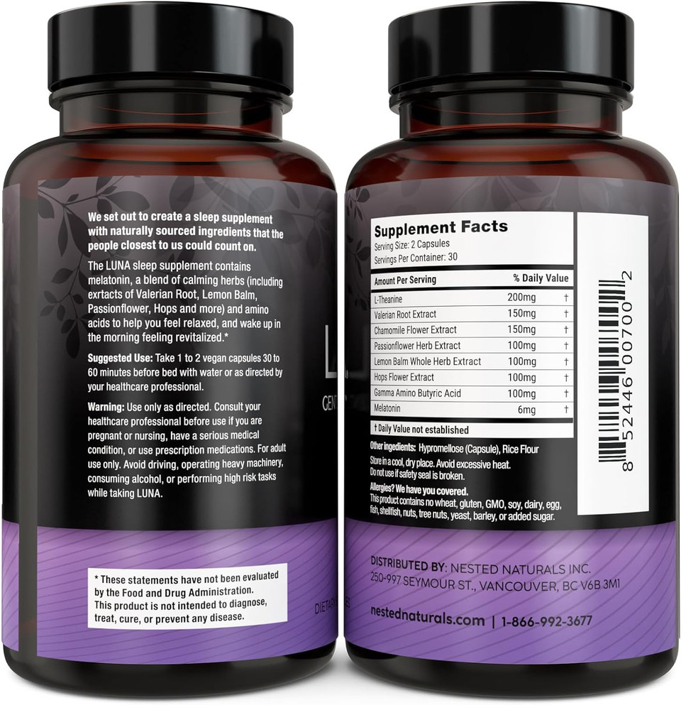 Luna Sleep Aid | Non-Habit Forming Natural Sleep Aid With Valerian Root, Melatonin, Chamomile, Lemon Balm, And More | Sleeping Pills For Adults With Naturally Sourced Ingredients - 60 Vegan Capsules