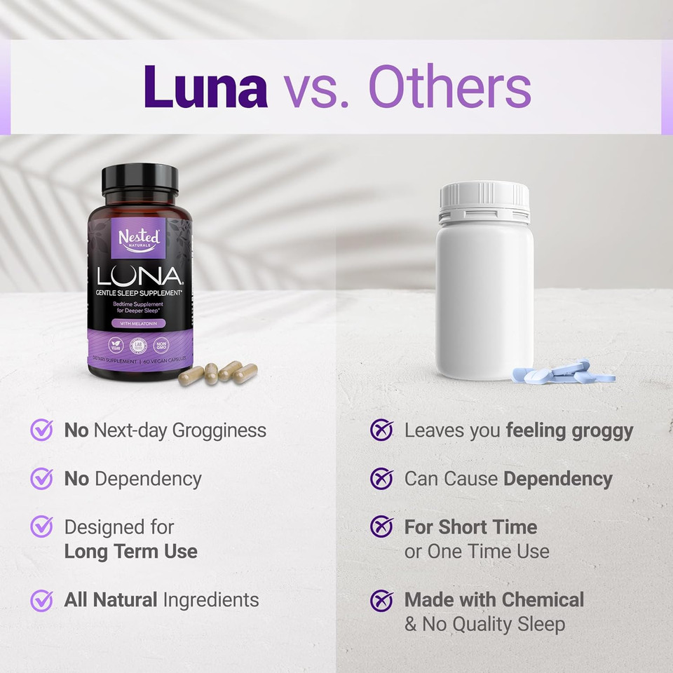 Luna Sleep Aid | Non-Habit Forming Natural Sleep Aid With Valerian Root, Melatonin, Chamomile, Lemon Balm, And More | Sleeping Pills For Adults With Naturally Sourced Ingredients - 60 Vegan Capsules