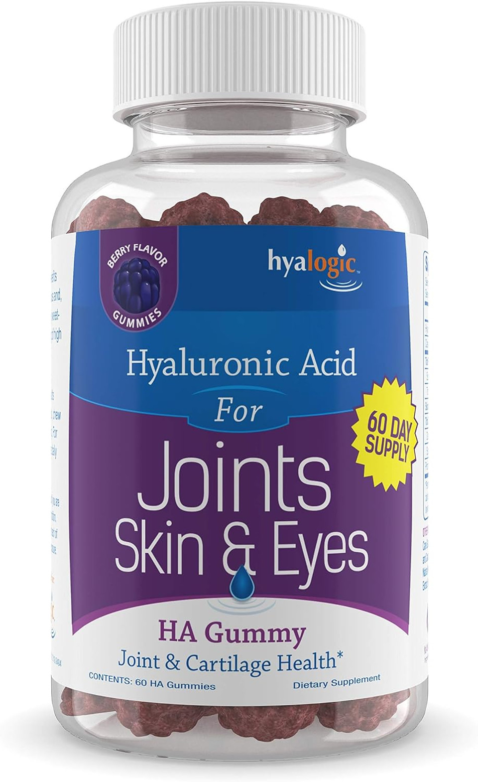 Hyalogic Chewy Ha Gummies Mixed Berry Flavor Hyaluronic Acid Gummies  Gluten-Free Gummy Vitamins For Adults - Ha Supplement For Joints, Skin & Eyes 60 Count (120 Mg)