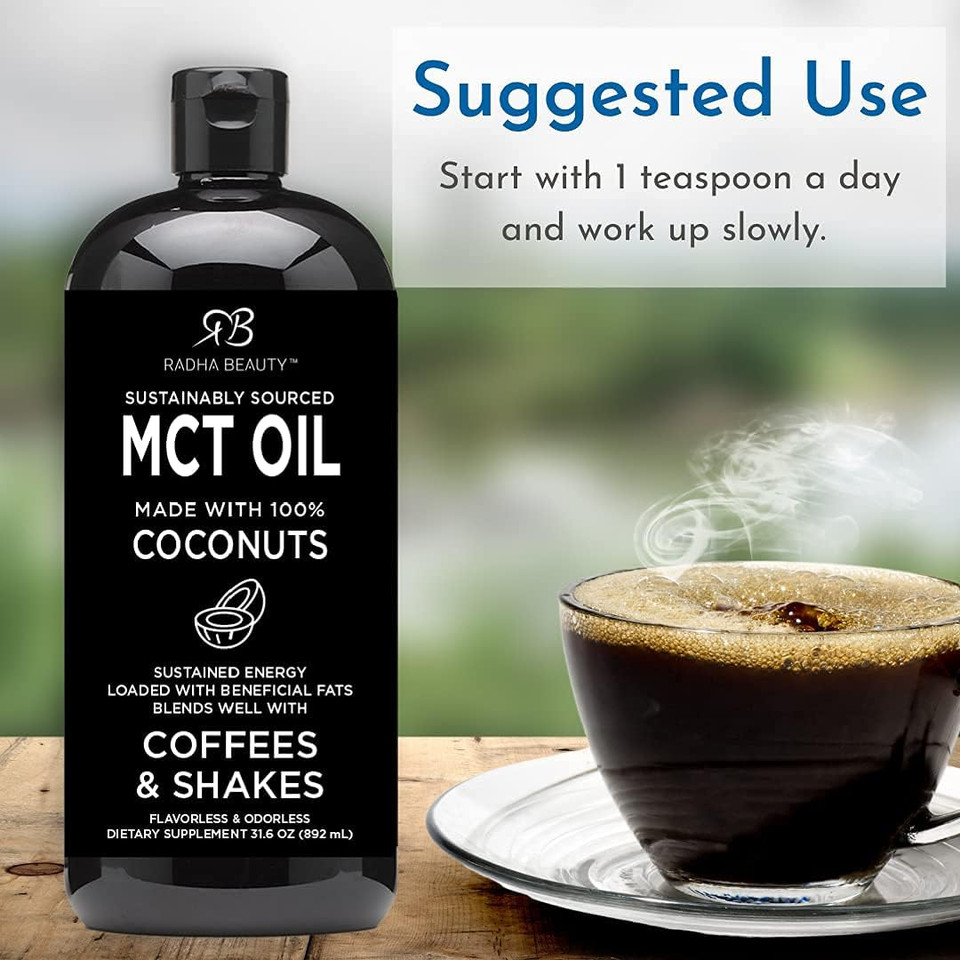Radha Beauty Premium Mct Oil From Non-Gmo Coconuts - 31.6Oz. Keto, Paleo, Gluten Free And Vegan Approved
