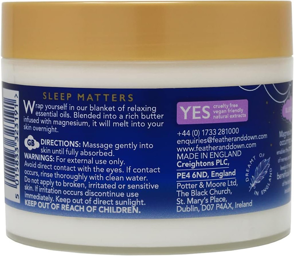 Feather & Down Magnesium Soothing Sleep Butter (300ml) - With Magnesium, Calming Lavender & Chamomile Essential Oils To Aid Sleep. Vegan Friendly & Cruelty Free