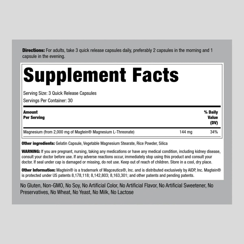 Magnesium L-Threonate 2000Mg | 90 Capsules | With Magtein | Non-Gmo, Gluten Free Supplement | By Piping Rock