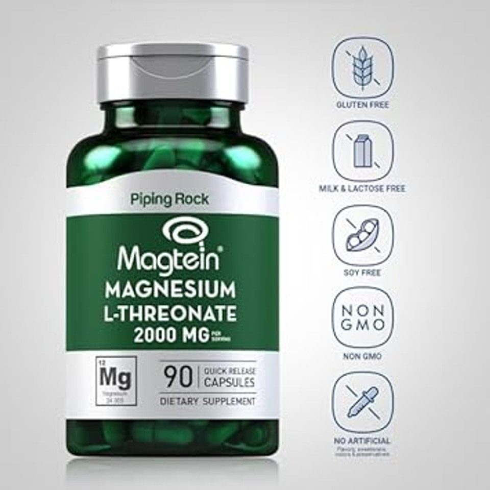 Magnesium L-Threonate 2000Mg | 90 Capsules | With Magtein | Non-Gmo, Gluten Free Supplement | By Piping Rock